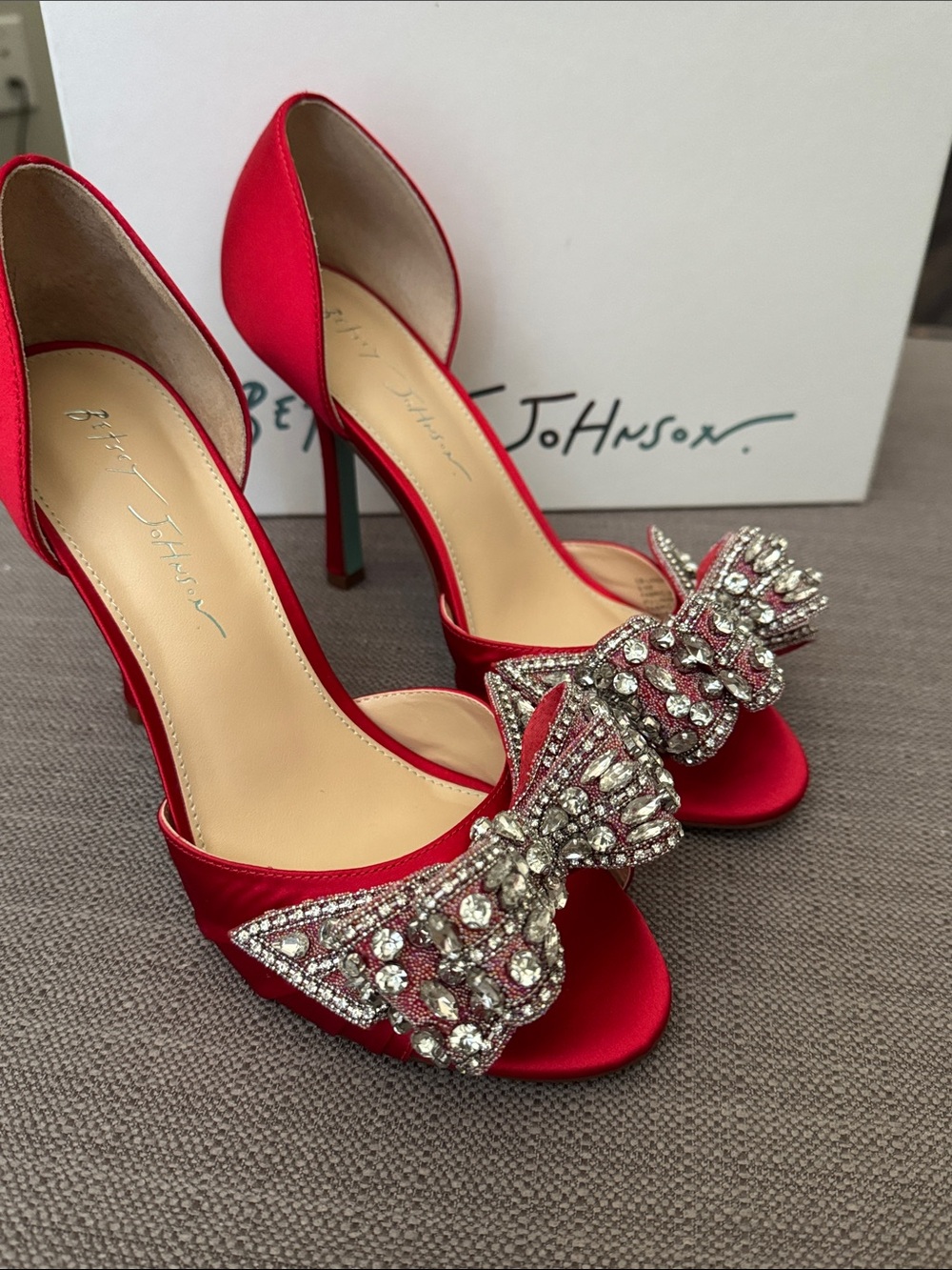 Betsey Johnson Red Satin Crystal Bow D'Orsay Heels